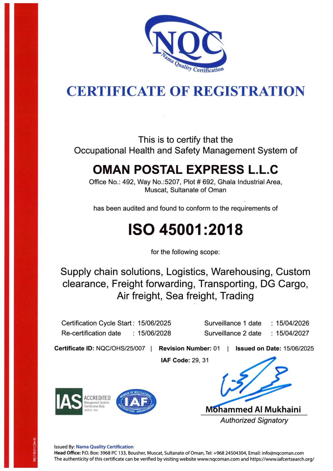 Certified for ensuring workplace health, safety, and risk management.